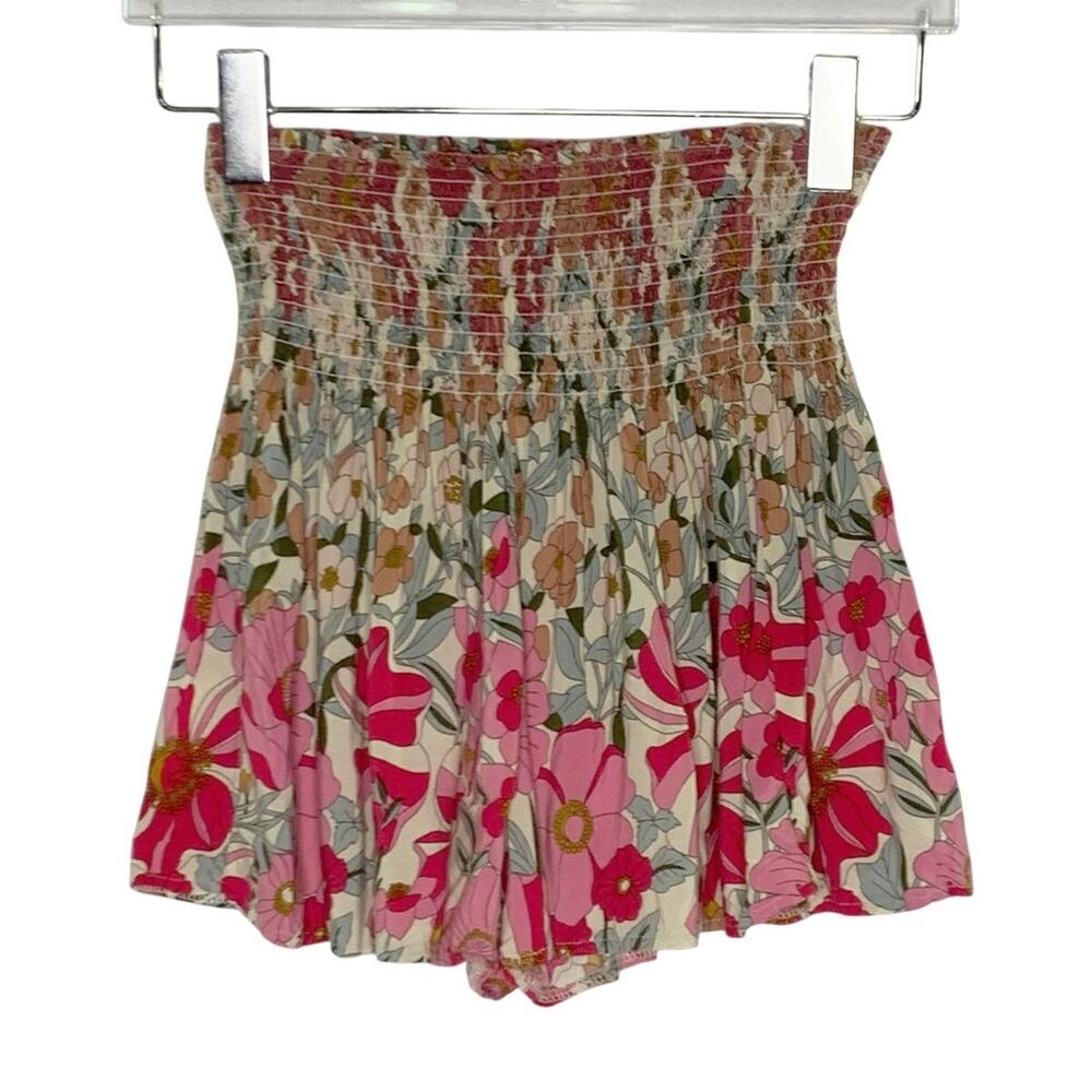 Natural Life Daisy Skort Shorts S Smocked Waist Tan Pink Floral Print Boho